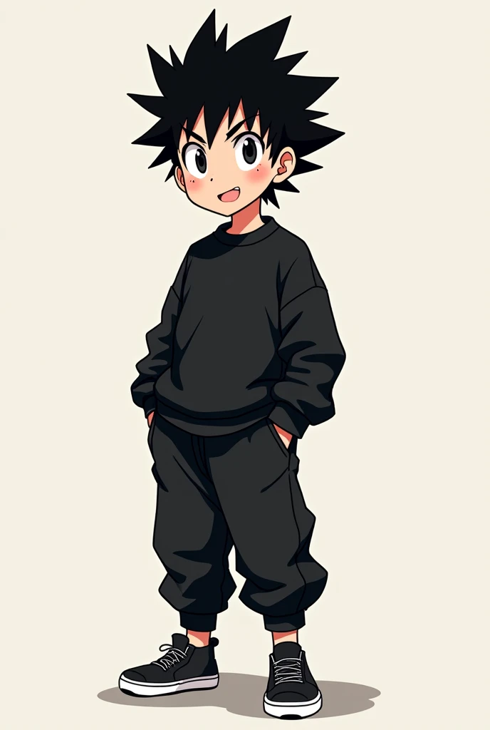 spiky black hair, black sweatshirt, baggy pants, black sneakers, killlua type cartoon 