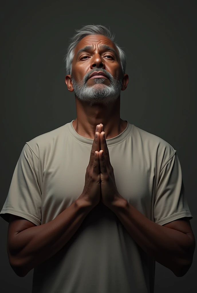 middle aged man, dark skinned, HEAD ON, t-shirt, with hands together praying