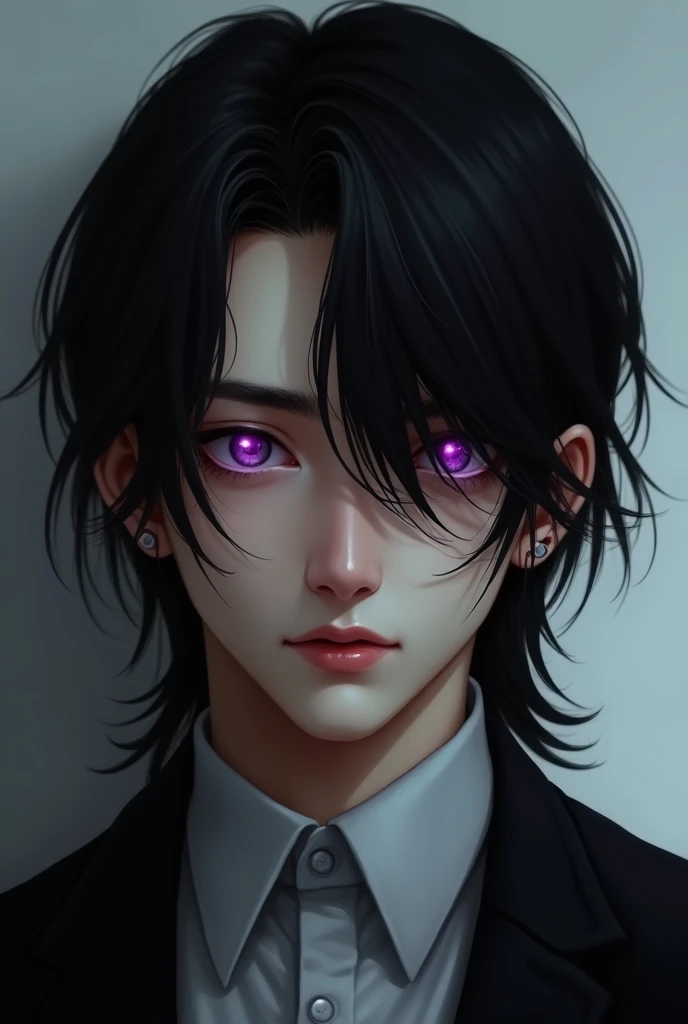 handsome man , Violet colored eyes,No facial hair, long black hair, bangs slightly over the left eye, 