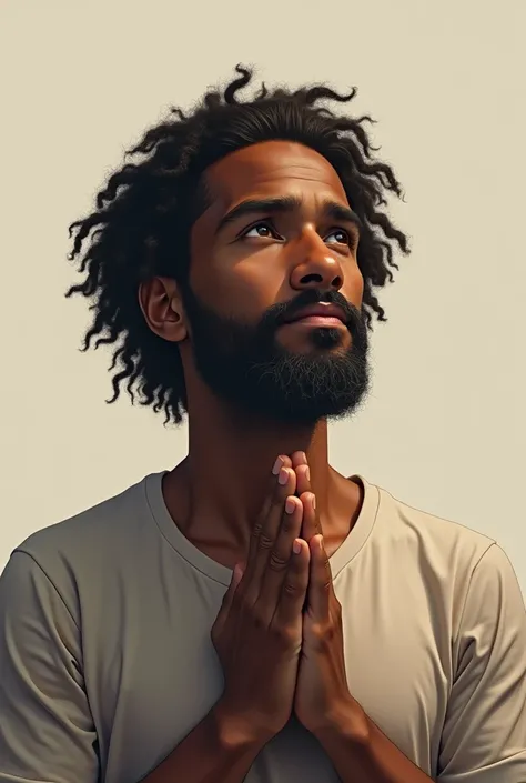 middle aged man, dark skinned, with curly hair in front, t-shirt, with hands together praying