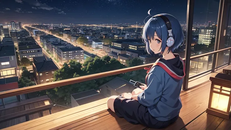 8ｋ、Best Quality、High image quality、Anime style illustration "Kyoto Animation", Best Quality, (cute: 1.1), (cute), (High resolution: 1.2), Navy Blue Hair、Short Hair、One Girl、Wearing headphones、establishing shot、from side,bird’s eye view,sitting on bench、nig...