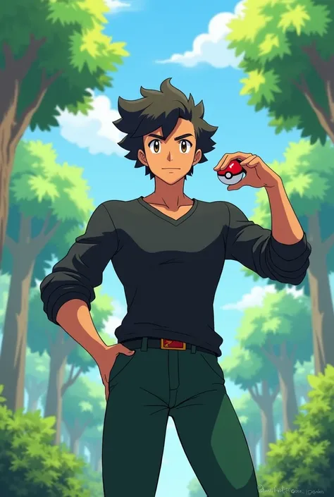 Create a unique Pokémon trainer inspired by the individual in the photo. The character is a confident and strong young man , with dark curly hair, brown eyes wearing a black long sleeved blouse and dark green pants . The trainer is in an action pose, flexi...