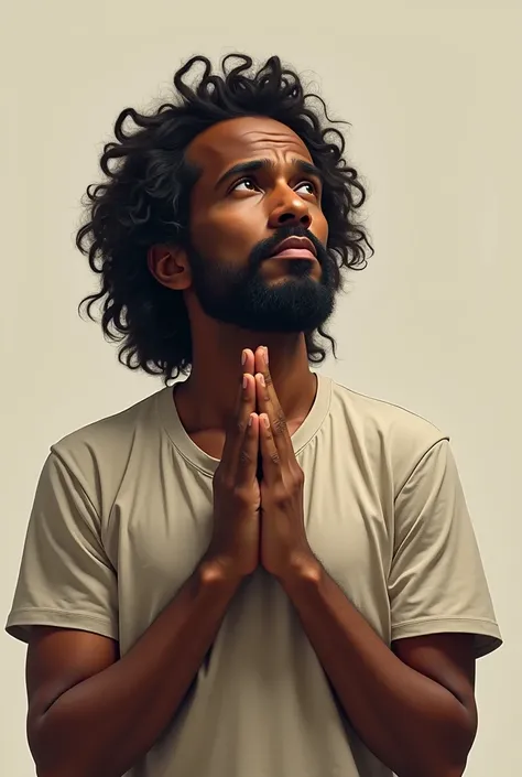 middle aged man, dark skinned, with curly hair in front, t-shirt, with hands together praying