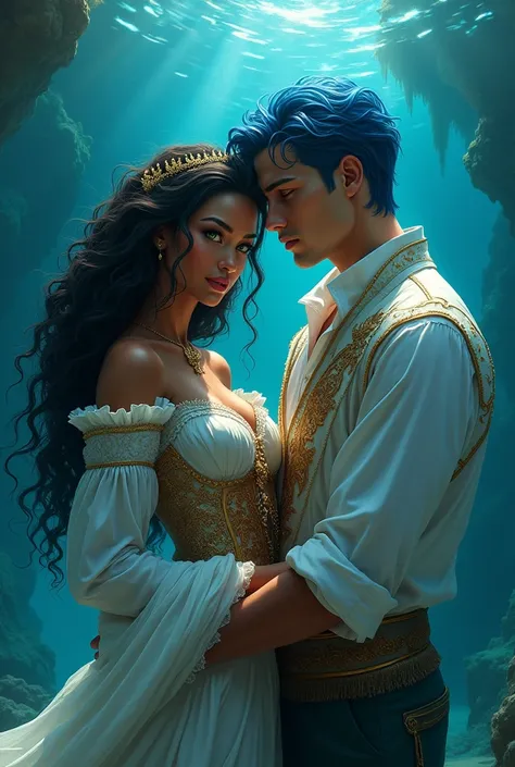 a realistic drawing of a couple under the sea with their entire bodies showing and royal clothing, the sea has two colors and one side of the sea is darker and has the woman, with black skin, long curly hair and green eyes, the other side of the sea is cle...