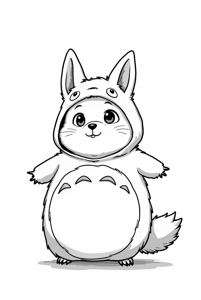 Shiba Inu with big eyes and light fur in Totoro costume in Disney style black and white coloring page comic 