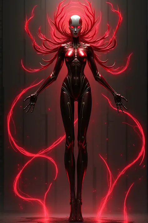 Create an elegant humanoid Stand named Crimson Muse in the style of JoJos Bizarre Adventure. The Stand has a tall and slender figure with long limbs, a metallic dark red body, and fine golden lines accentuating its joints and muscles. Its face is smooth an...