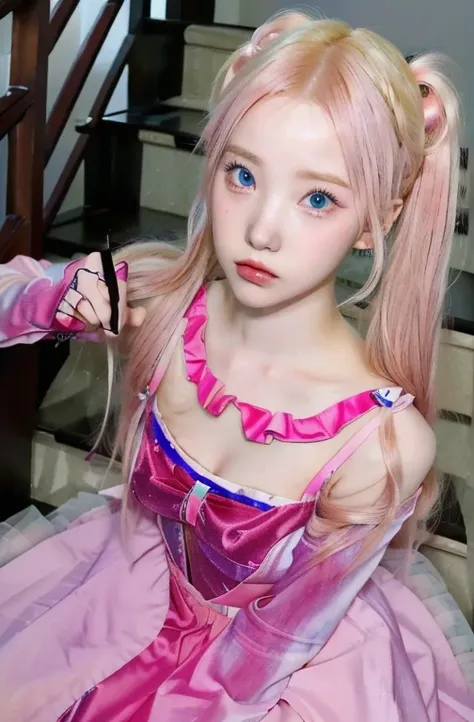 blond girl in pink dress sitting on stairs with pink hair and blue like eyes, belle delphine, her face looks like an orchid, she...