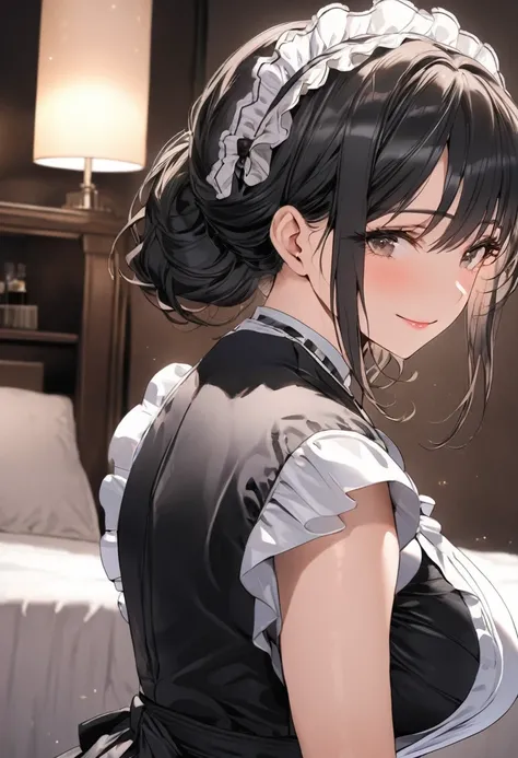 ((Best Quality)), ((masterpiece)), (detailed), (One girl), Sexy, height１６８Busty housewife with black hair and a bust of 100cm, Mature Woman, (((Short black hair))), Mature Woman, A mother with watery eyes, Bedroom at night, Gentle droopy eyes, Smiling and ...