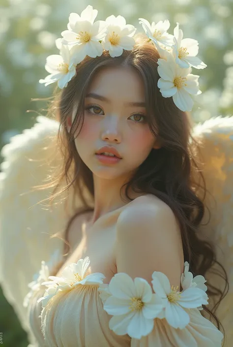 A herat shape face lady, big brown eyes,  baby face , long hair, divine beautiful looking,  dressed in white colsed made of white flowers , back ground is full of white little flowers,  in 3D, high quality and realistic, so dreamy 