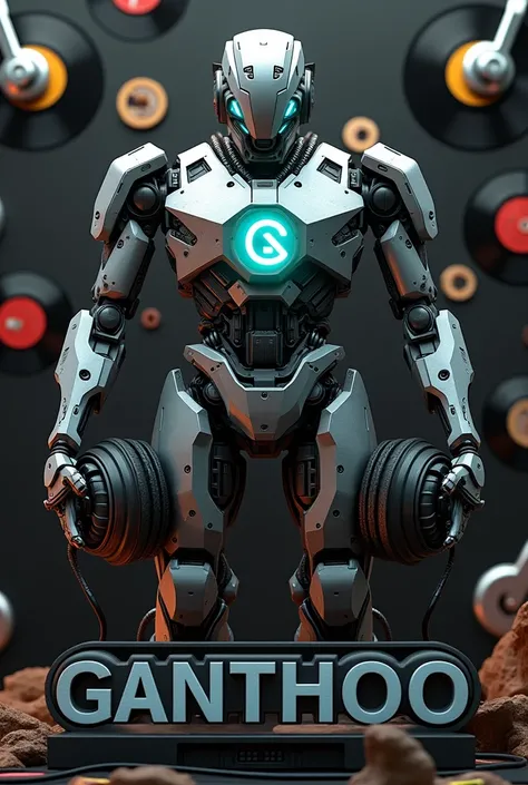 Initials G.J.S. in 3d robot mode and below the word GanthOo with a background of vinyl records and headphones 