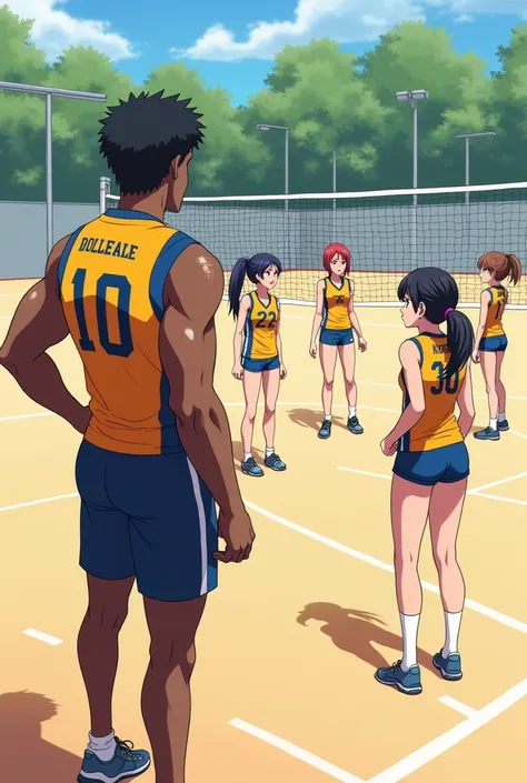 Brown haired girl, blue eyes, Tall dark skinned man in volleyball clothes looking at volleyball girls, anime