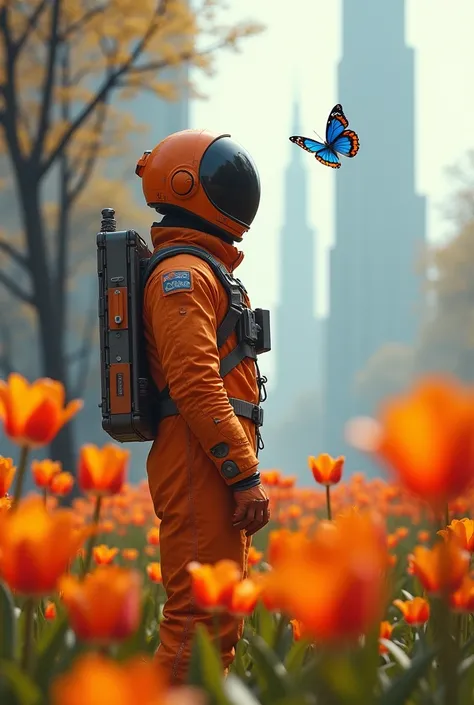 A man, orange space suit, fall season, tulips, looking at a blue butterfly, Christopher Nolans Interstellar vibe, nostalgia, minimal futuristic city, technology