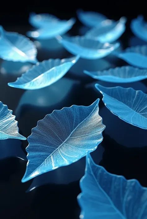 a realistic image of tree leaves that are made of clear glass in a transparent blue color they are spread on a black mirrored surface the view is from above perspective from above the leaves that are made of glass have a bluish shine and the surface where ...