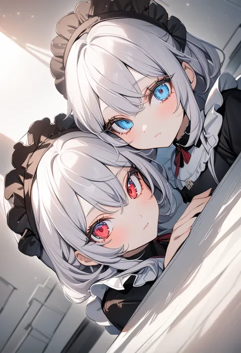 masterpiece, looking_at_viewer, Bishojo, eyes, eyelashes, closed mouth, dynamic angle, white hair, dramatic shadows, twins, black hair, maid, red eyes, blue eyes,