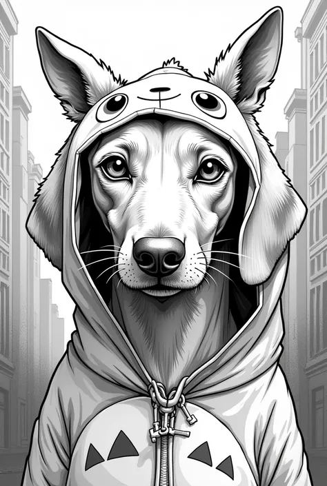 Beautiful Vizsla with big eyes and light fur in Totoro costume in Peaky Blinders style black and white coloring page comic 