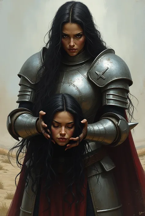 A female knight holding the head of a dark-skinned, long-haired princess.