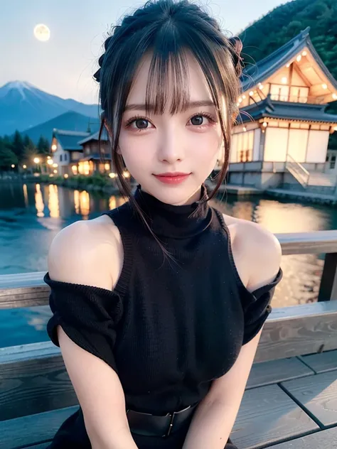 One Girl, ((Black oversized high neck cable knit,Black short knit dress,I can see your shoulders,I can see the thighs)), (Beautiful Japanese Idol Portrait Photos), (Photographed at night with mt. Fuji and the harvest moon in the background), (At night, in ...