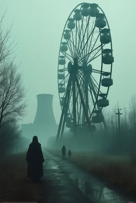 Chernobyl Nuclear Power Plant with the big Ferris wheel in front of it a ghost, Family and fog in the background