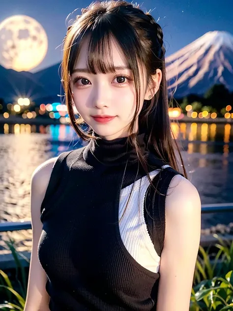 One Girl, ((Black oversized high neck cable knit,Black short knit dress,I can see your shoulders,I can see the thighs)), (Beautiful Japanese Idol Portrait Photos), (Photographed at night with mt. Fuji and the harvest moon in the background), (At night, in ...