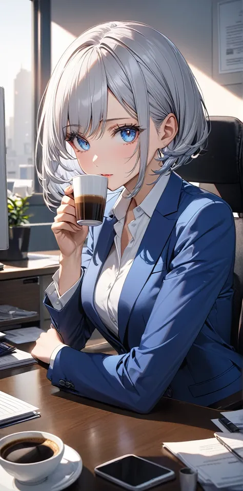 Ultra high resolution, rich colors, perfect image, best quality, detailed image, beautiful woman, glowing skin, skin and clothing texture, delicate eyes, office, desk, drinking coffee, blue suit, white shirt, silver bob hair, blue eyes