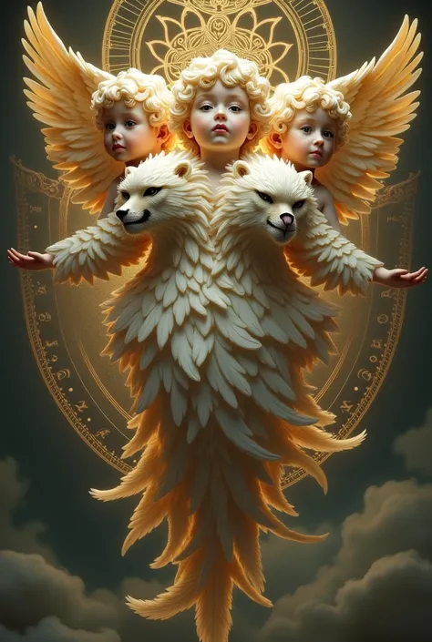 
Create an  image of a cherub with a focus on its four heads: one resembling a cherub, another a human, a third a lion, and a fourth an eagle. Each head should be distinct and expressive, conveying a sense of divine power and majesty. The cherubs body shou...