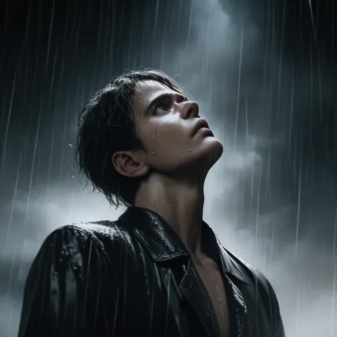 a man standing in the rain, looking up at the sky, extremely detailed face and body, rain drops on his skin, dramatic lighting, overcast sky, moody atmosphere, cinematic composition, photorealistic, 8k, highly detailed, masterpiece