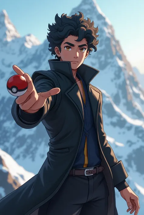 Create a unique Pokémon trainer inspired by the individual in the photo. The character is a confident and strong young man , with tightly coiled dark curly hair, brown eyes wearing a black leather overcoat. The coach is in a pose of arrogance, pointed his ...