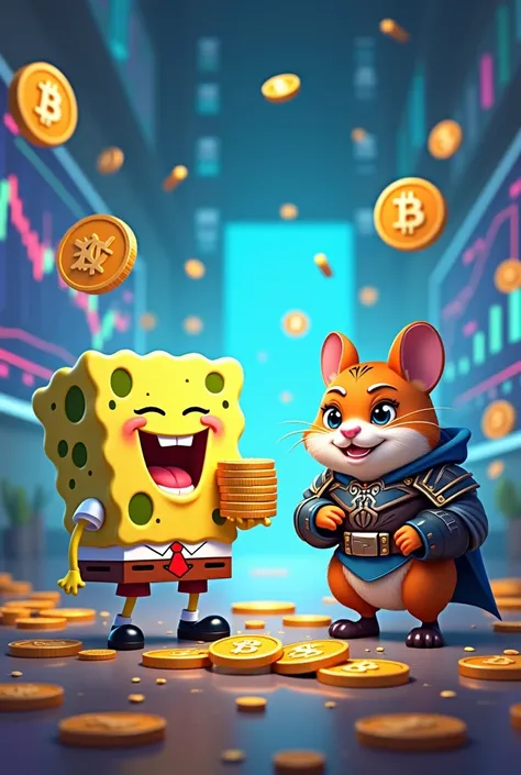 Create an image featuring a sponge-like cartoon character standing confidently next to a warrior hamster character, inspired by a mix of combat and cryptocurrency. The sponge-like character is holding a stack of crypto coins, while the fierce hamster, equi...