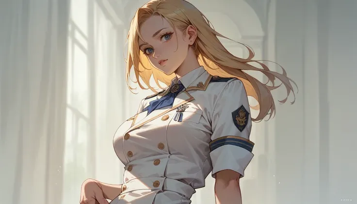 Tanguita ligero A sexy blonde girl with a voluptuous body wearing a new short naval dress uniform, It&#39;s too sexy and sensual, It has white lingerie with gold, It is for the exclusive use of your wife, a dress with a half-nipple neckline, low-cut back a...