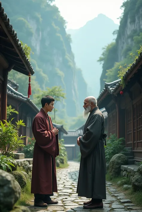 a young man seeking guidance from an old zen master in a chinese village nested in the mountains background, hyper realistic, 8k