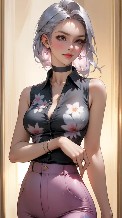 ((best quality, masterpiece)), detailed, realistic, 1woman, cool, fancy ((sleeveless)) short floral print shirt unbuttoned, (American armhole), stylish pants, choker, long stylish platinum silver hair, dark shades, smug smile round premium breasts , sexy b...