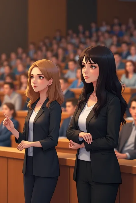 Full lecture image in which the speakers are two young women, one with light brown hair and a shorter one, and a tall one with long, dark, wavy hair.
