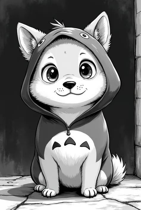 Beautiful realistic shiba with big eyes and light fur in Totoro costume in peaky blinders style black and white coloring page comic 