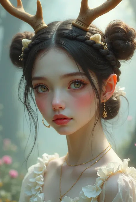 Girl with makeup with deer features, head accessories such as ears and two braided ball-shaped hair tails. 