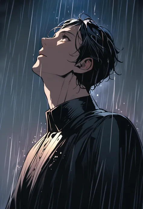 a man standing in the rain, looking up at the sky, extremely detailed face and body,