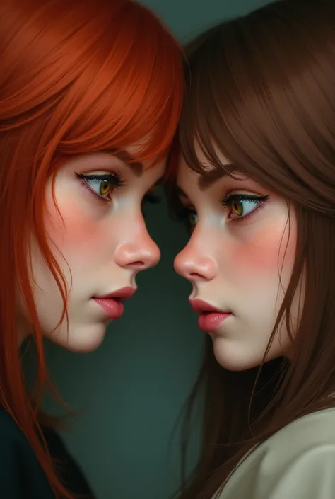 One with red hair and amber eyes, looking at one with brown hair and green eyes

