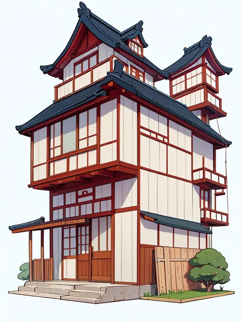 Japanese building, concept art, design, white background, cartoony design, shape design, unique design, ((front view))