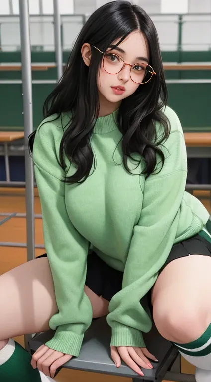 1 young 1 girl, long wavy black hair, big round eyeglasses, thin lips, round face, wearing a "Green" oversized sweater covering her thighs, large breasts, wide hips, thick thighs, striped ballet socks up to the thighs, red sporty sneakers, sitting in the b...