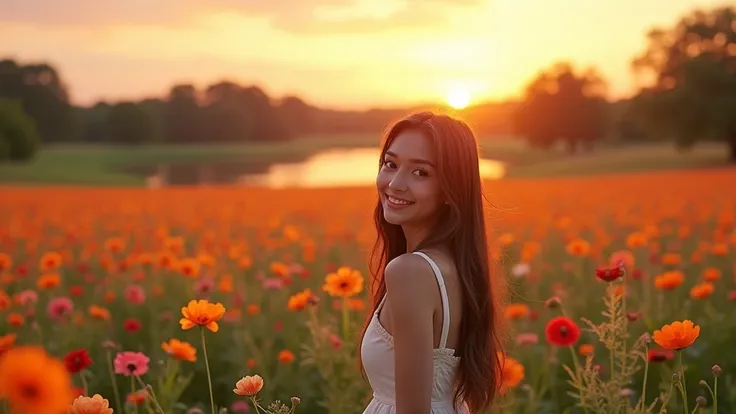 Field of flowers with a sunset in the background, Field of flowers, flower fields, floral sunset, Field of flowers, Field of flowers de fantasia, Very beautiful picture, a beautiful landscape, beautiful nature, beautiful scenery with flowers, rosa, Beautif...