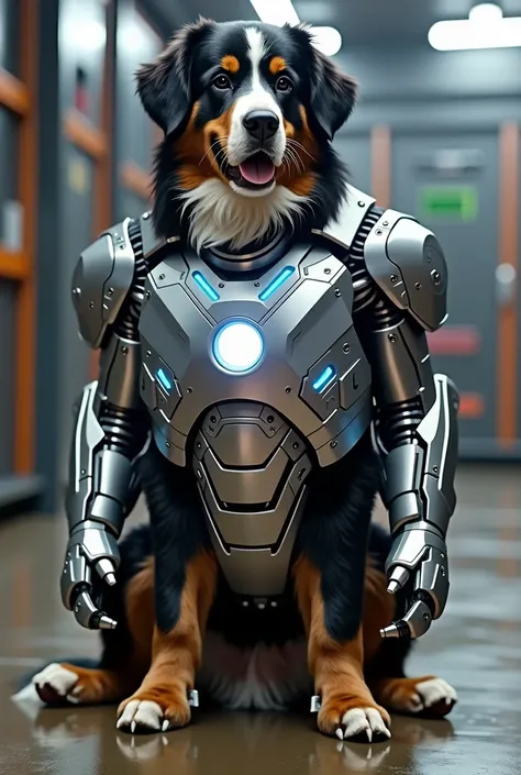 Make a Bernese Mountain Dog using Iron Man&#39;s armor from the Marvel movie in 4k image