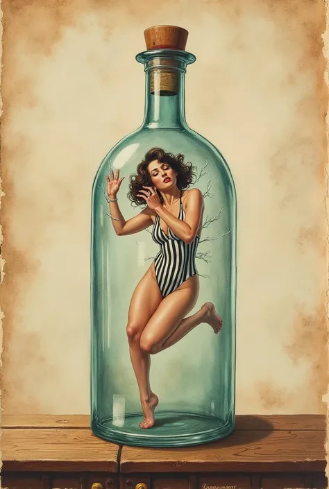 surrealistic watercolor painting on heavily textured parchment paper, antique wooden bar counter in the center, long-necked gin bottle on the counter, beautiful brunette woman in tight-fitting striped one-piece swimsuit inside the bottle, her nipples visib...