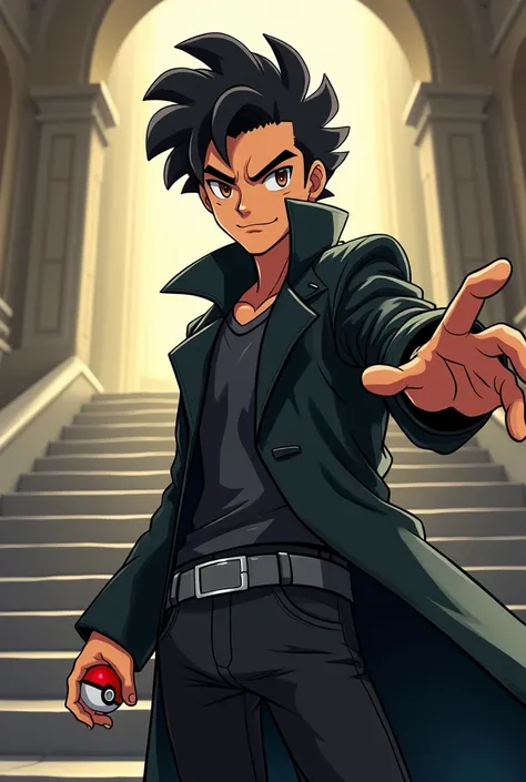 Create a unique Pokémon trainer inspired by the individual in the photo. The character is a confident and strong young man , with tightly coiled dark curly hair, brown eyes wearing a black leather overcoat. The coach is in a pose of arrogance, pointed his ...