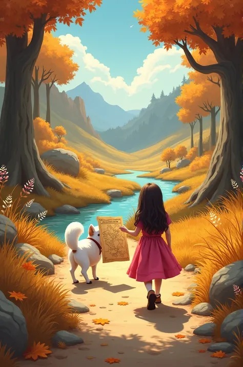 Create me a picture where a white dog and a girl in a pink dress found a map and climbed a tree and crossed a small river and walked along a path full of dry leaves