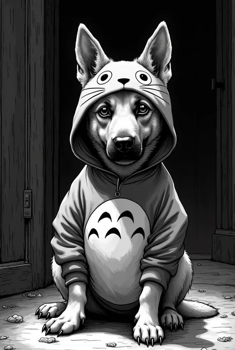 Beautiful malinois with big eyes and light fur in Totoro costume in peaky blinders style black and white coloring page comic 