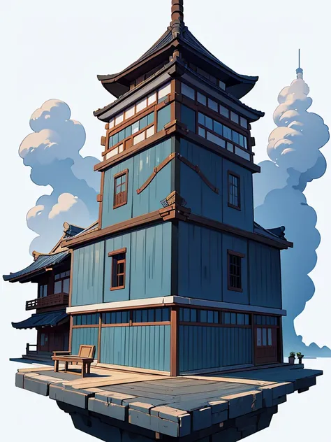 Japanese dojo building concept art, white background, shape design, unique design, ((front view)),  silhouette, 