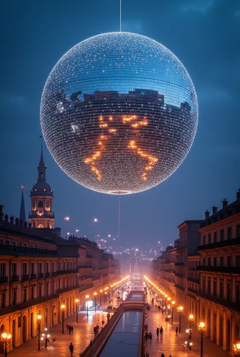 A huge disco globe over Zaragoza, Spain