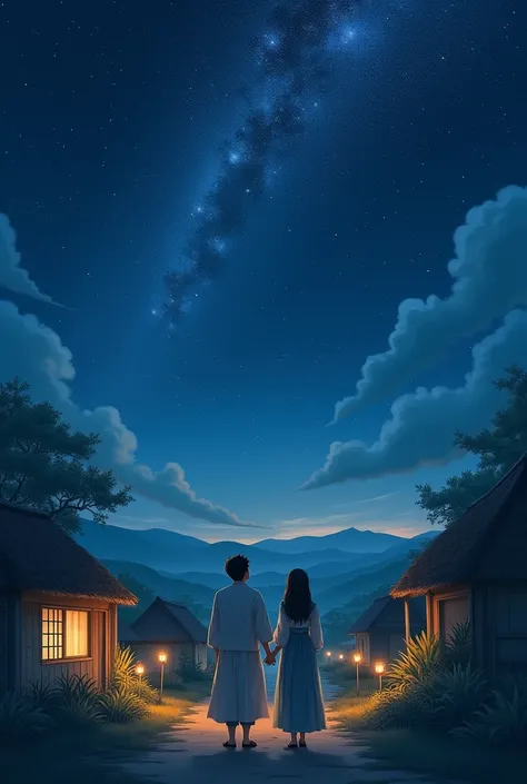 Image of a couple in a village at night looking at the sky

