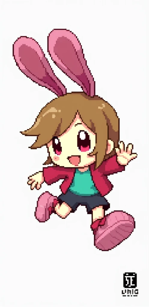 pixel art.  human with pink bunny ears and feet