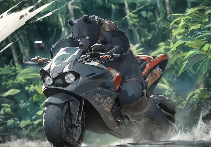 Asian black bear riding motorcycle on jungle 