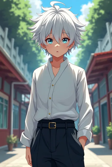 make a boy of satoro gojo&#39;s son with blue eyes, white hair in American style wearing the jujutsu school uniform